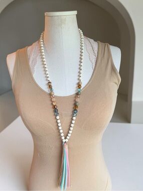 Boho western core  Beaded‎ Tassel Necklace Multicolor Pastel Faux Suede Fringe